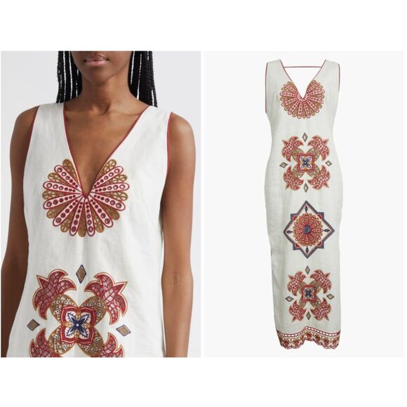 FARM Rio White Mary's Tiles Embroidered Detail Linen Dress Size Extra Small XS - Picture 2 of 8